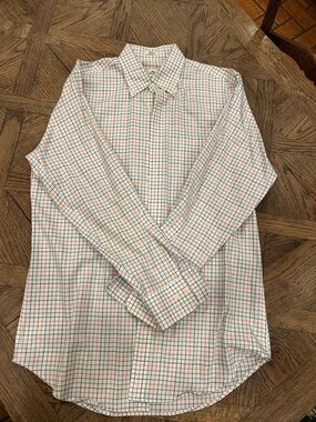 Peter Millar White Dress Shirt with Blue and Orange Windowpane Check